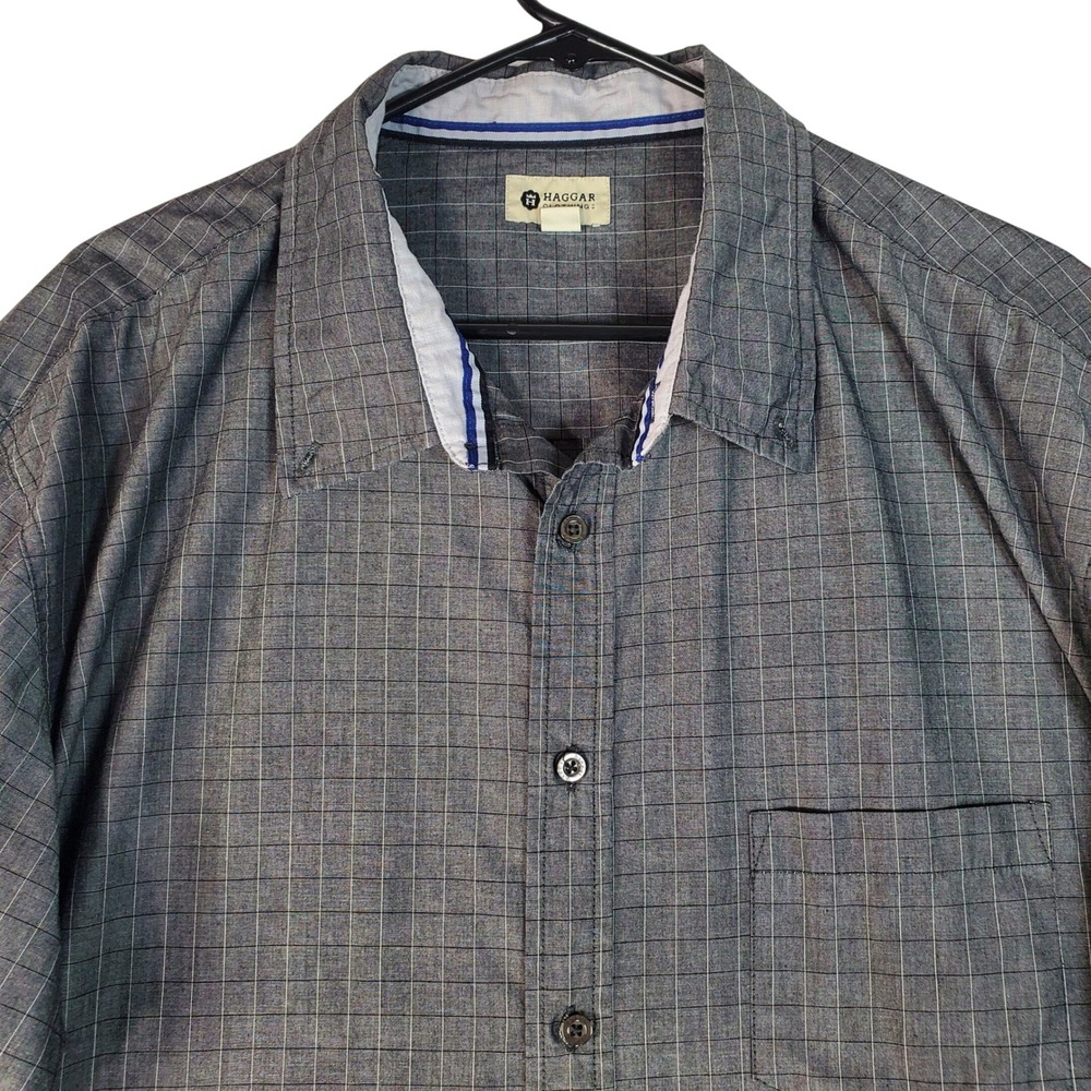 Haggar Clothing Mens XXL Gray Grid Long Sleeve Button Down Shirt Pocket Casual